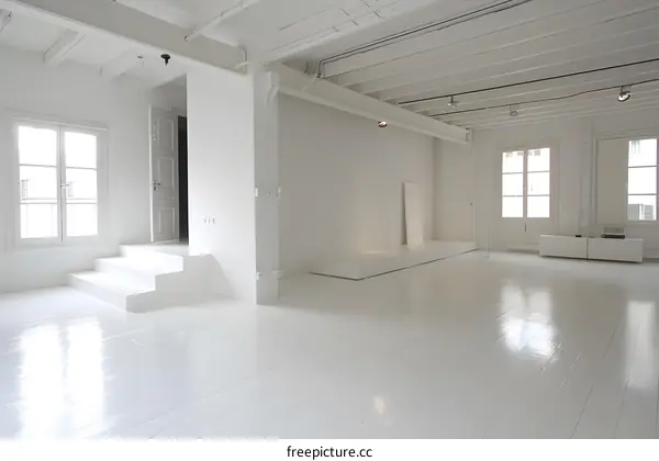 White Room Interior Design with Minimalist Style and Exposed Beams