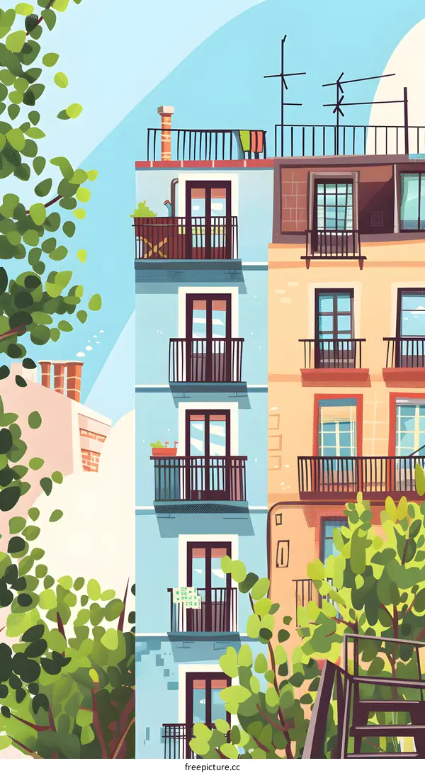 Colorful Building with Balconies and Green Trees Illustration