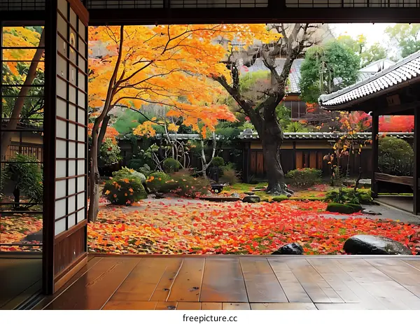 Japanese Garden with Red and Yellow Autumn Leaves