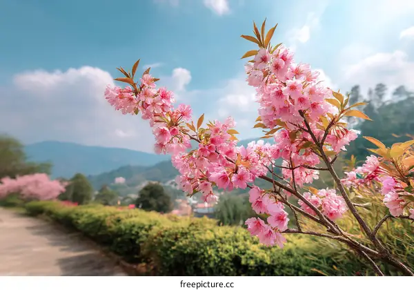 Springtime Cherry Blossoms in a Scenic Landscape