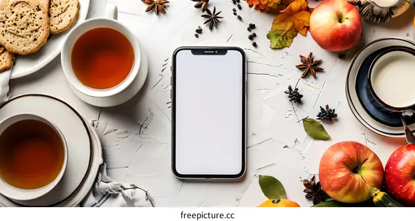 Flat Lay with Smartphone and Autumn Elements