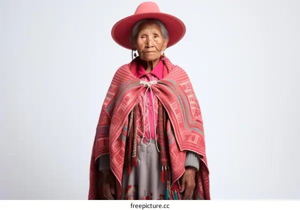 Portrait of an elderly woman in a pink hat and traditional Bolivian clothing