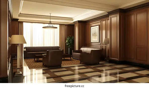 Modern Office Interior Design with Wooden Paneling and Leather Sofas