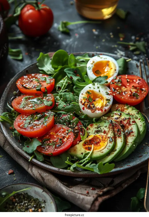 Plentiful avocado salad with tomato and egg