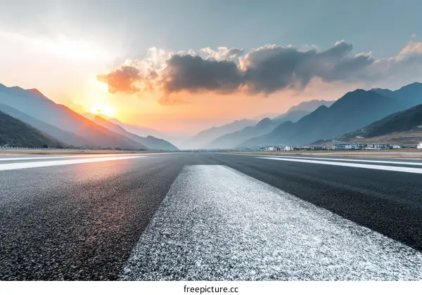 Mountain Road at Sunset with Asphalt Runway