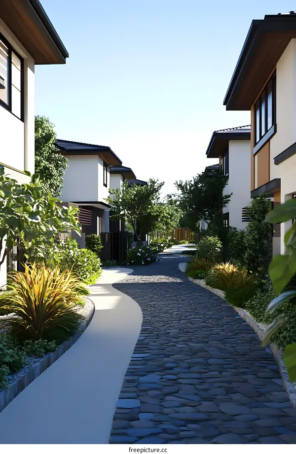 Modern Homes with Cobblestone Pathway and Lush Greenery
