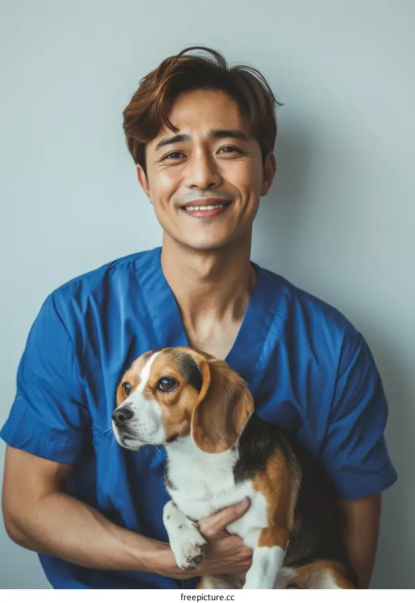 Asian male veterinarian smiling with a beagle