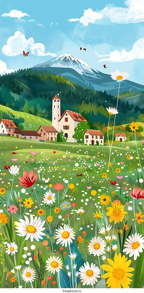 Beautiful Mountain Village Illustration with Flowers