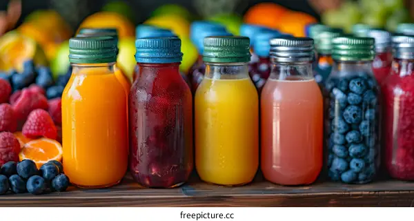 Bottles of fresh fruit juice in numerous flavors