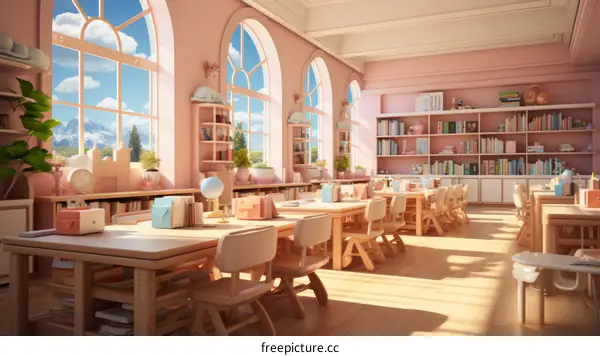 Classroom with pink walls and large windows