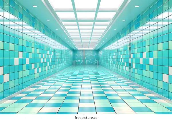 Blue Tile Hallway 3D Rendering