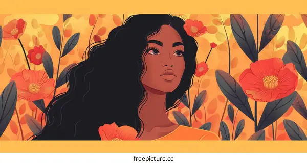 A young woman of color with long black hair stands in a field of red flowers.