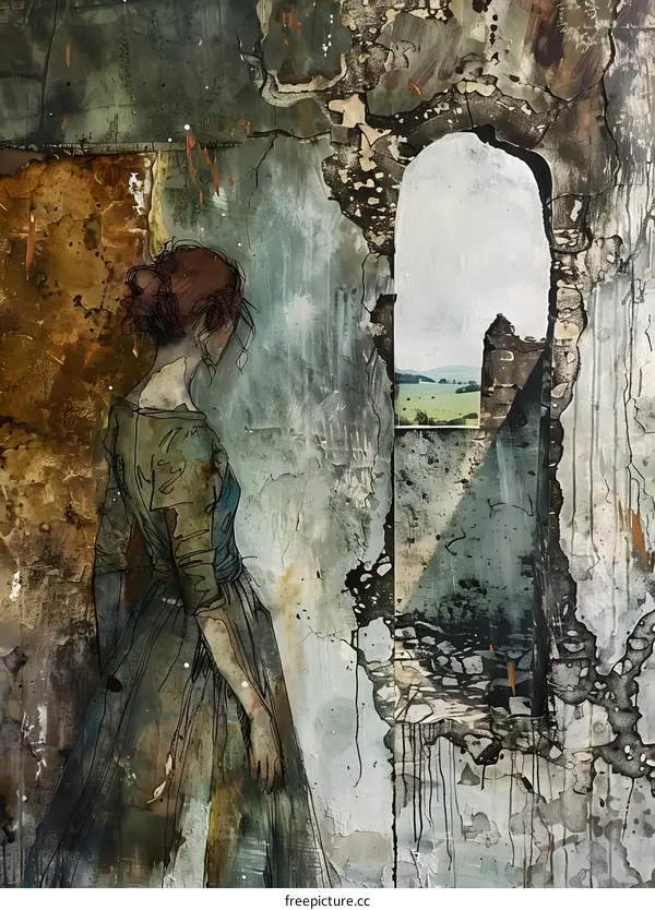 Woman in a Dress Looks out of a Cracked Window