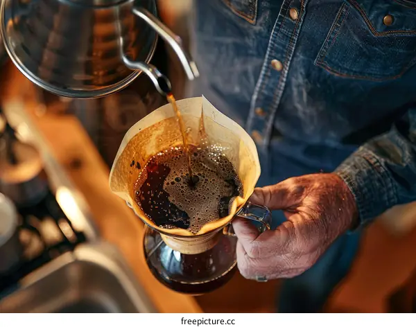 Pouring coffee from a kettle into a filter held by a man