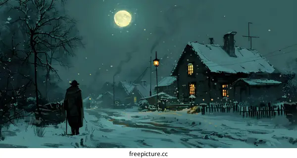 A man walking alone in the snow at night with a full moon in the background