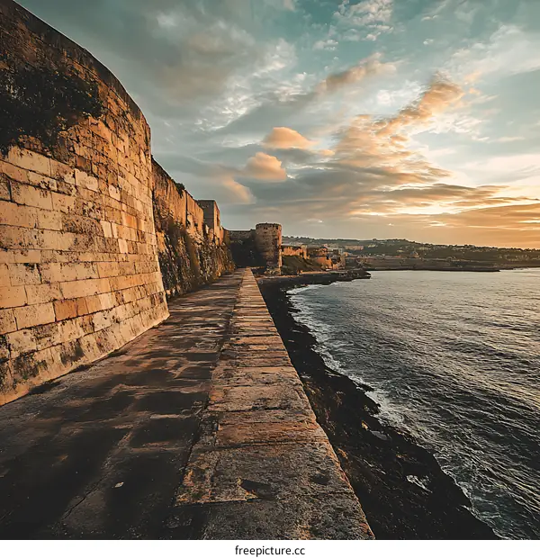 Stone Wall Path Along The Coastline During Sunset