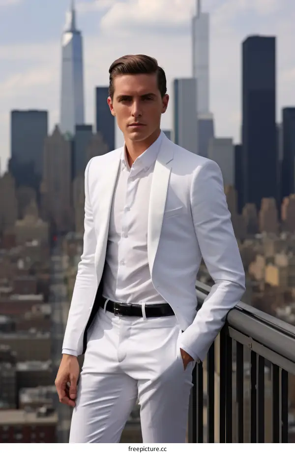 A man in a white suit stands on a rooftop in New York City.