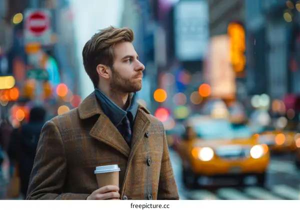 A man is drinking coffee on a busy New York street