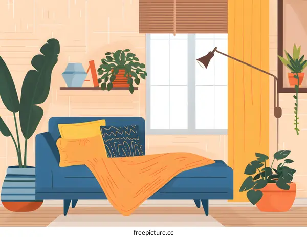 Cozy Living Room Interior with Blue Sofa and Plants