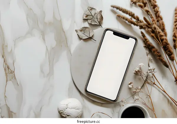 White Marble Background with Phone, Coffee and Dried Flowers