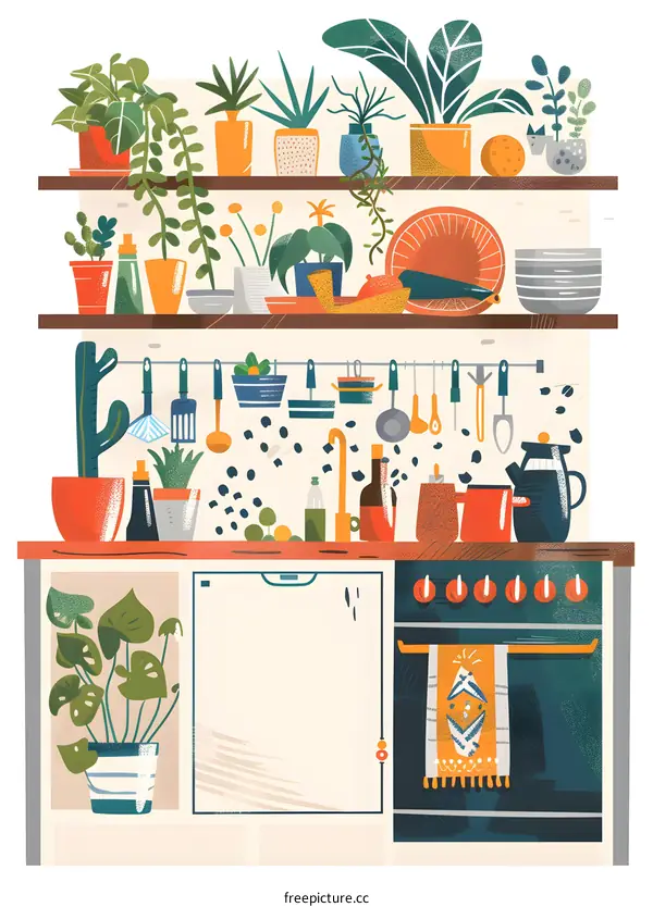 Kitchen Interior Illustration with Plants and Cooking Utensils