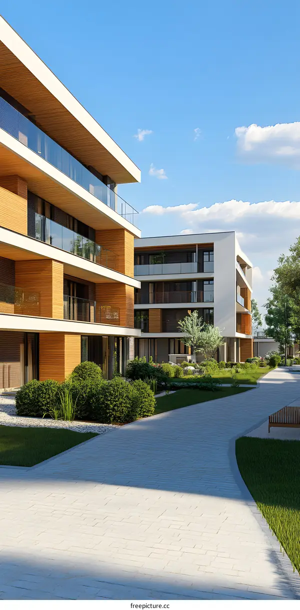 Modern Apartment Building with Patio and Greenery