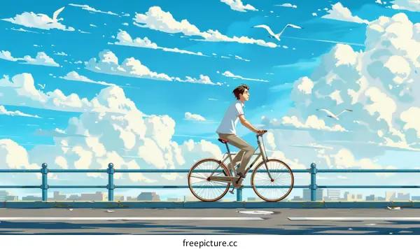 Man Riding a Bicycle in Front of a Cityscape with Blue Sky and White Clouds