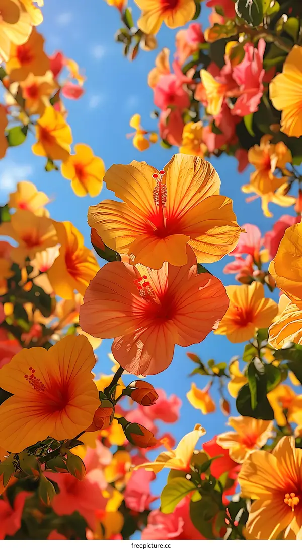 Orange and pink hibiscus flowers against the sky