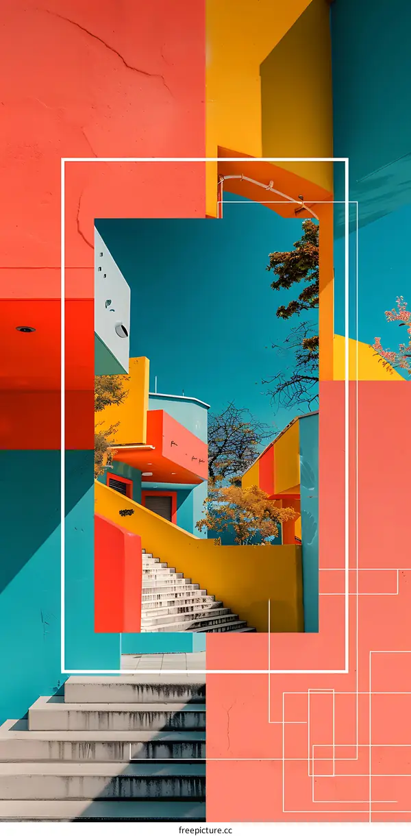Colorful Geometric Architecture Building with Staircase and Text