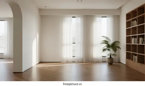 Bright and spacious modern living room with large windows and wooden floors