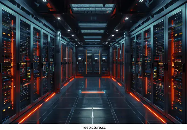 Futuristic server room with red and blue lights