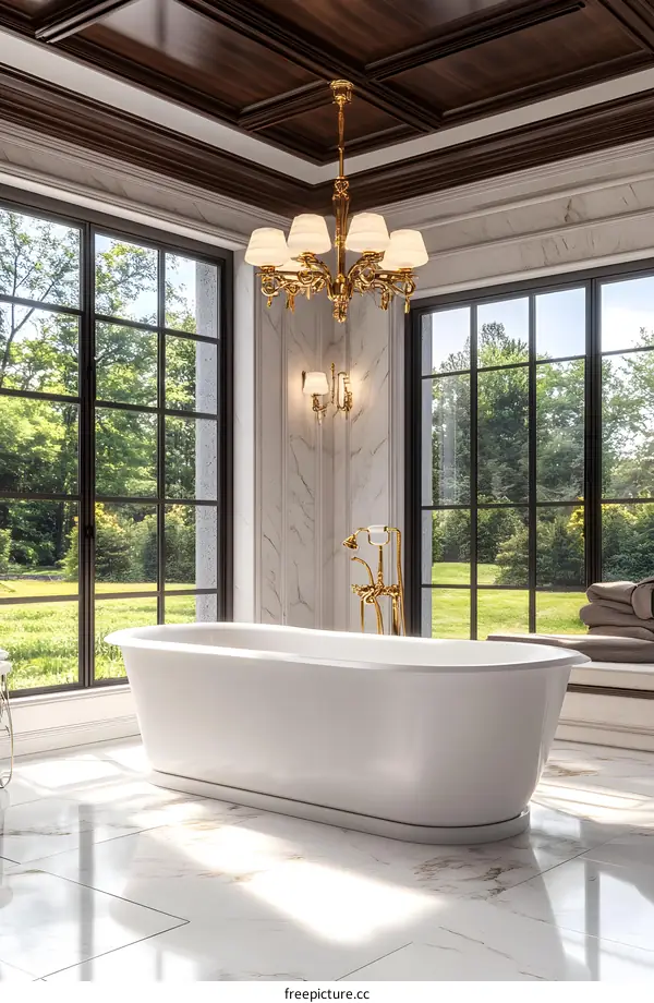 Luxury Bathroom with Freestanding Tub and Chandelier