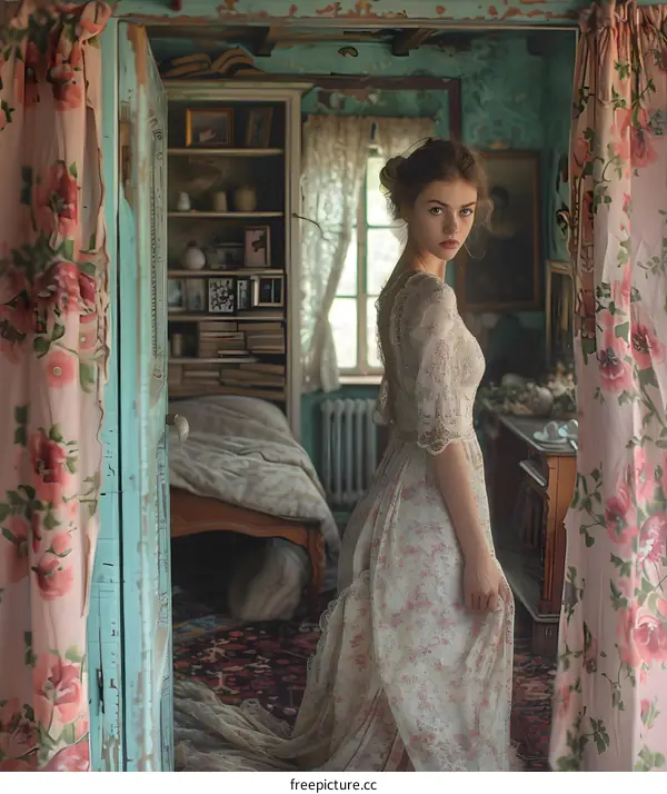 portrait of a girl in a vintage dress standing in a doorway