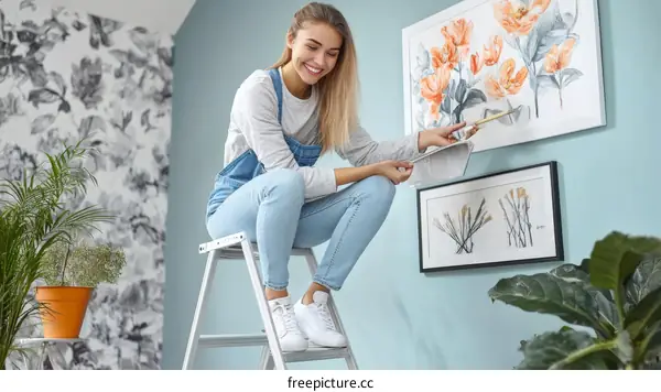Woman hanging art on wall home improvement