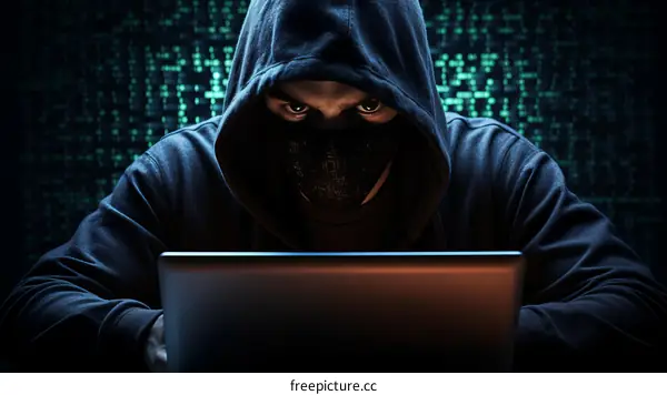 A hooded man wearing a mask is sitting in front of a laptop in a dark room with green binary code in the background.