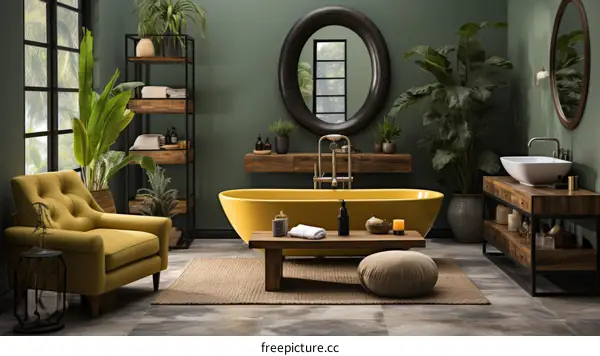 Bathroom with a large yellow bathtub and a lot of plants