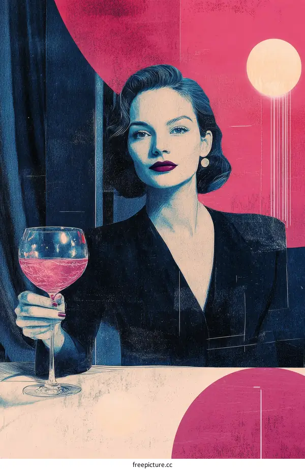 Elegant Woman with Wine Glass in Retro Style