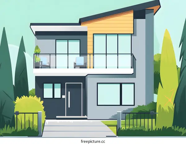 Modern House with Balcony and Green Trees Illustration