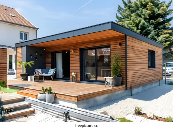 Modern Wooden House with Large Deck and Garden