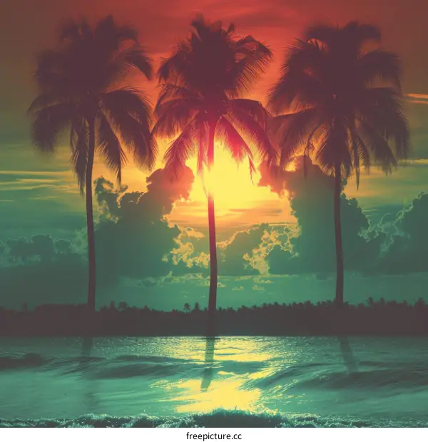 Tropical beach sunset with palm trees