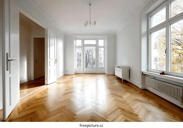 Empty Spacious Elegant European Living Room with Herringbone Wood Floor