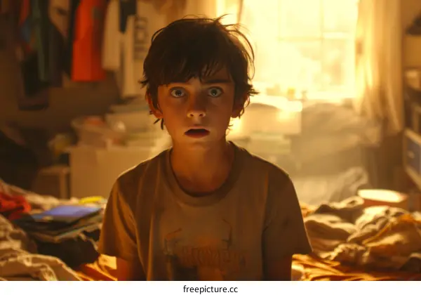 A boy is sitting on a bed and looking at the camera with a scared expression on his face