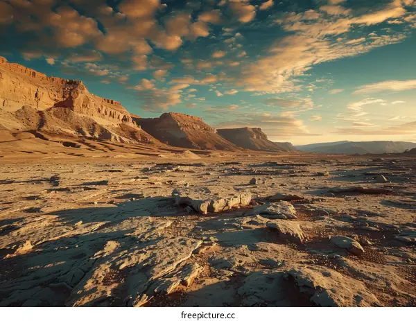 Arid desert landscape with rock formations under cloudy sky