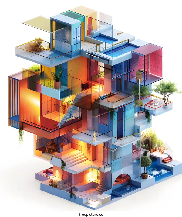 A 3D rendering of a modern glass house with a pool on the roof