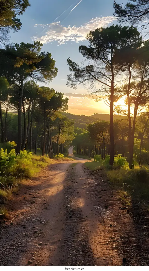 The sun shines through the trees on a forest road