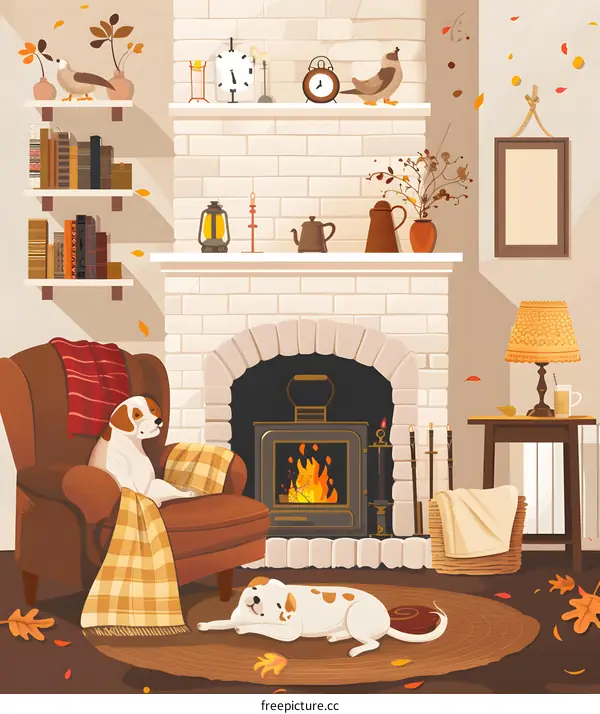 Cozy Autumn Fireplace With Two Dogs