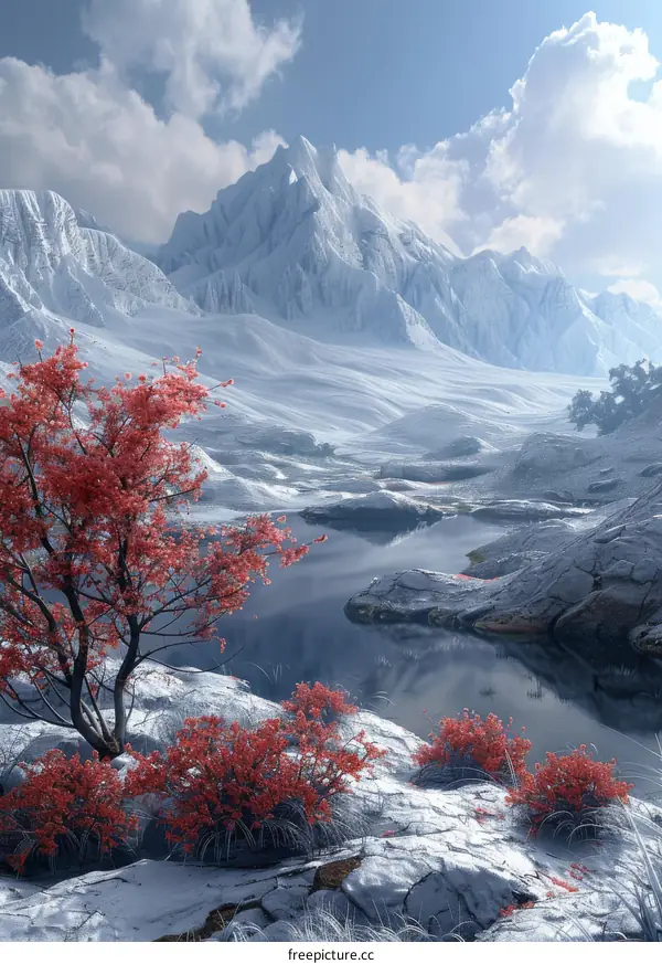 Crimson trees by the frozen lake under snowy mountains
