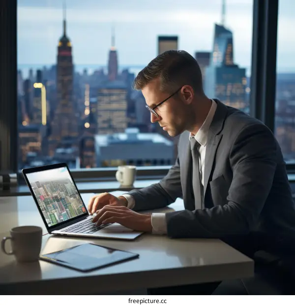 Businessman working late in his office overlooking the city