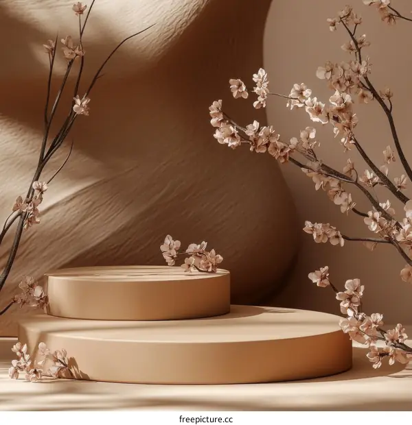 Beige Display Podium with Cherry Blossoms