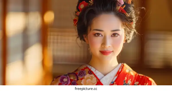 Portrait of a beautiful Japanese woman in traditional kimono